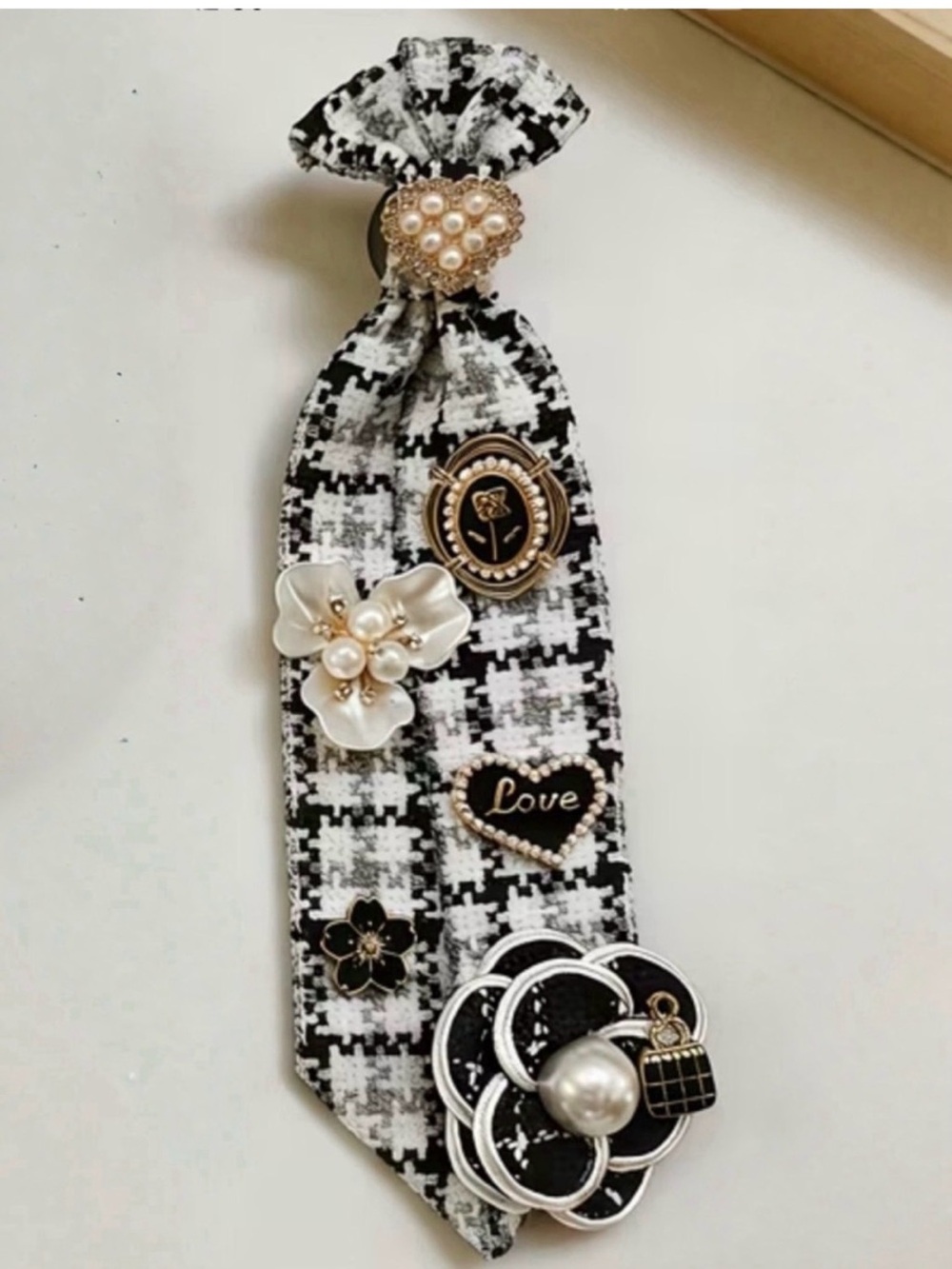 Black & White Tweed Decorative Tie with Brooch Embellishments - Picture 5 of 8